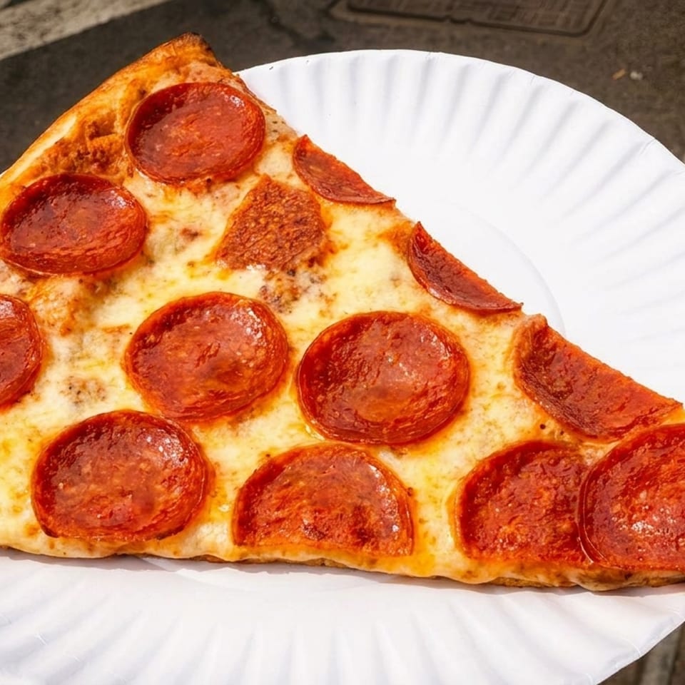 A large slice of pepperoni pizza with melted cheese on a white paper plate outdoors.
