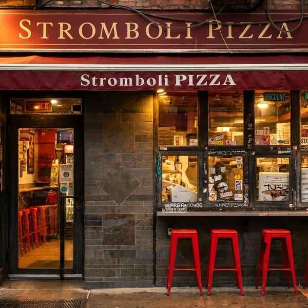 Stromboli Pizza storefront at night, with red awnings, glowing windows, and three red bar stools.
