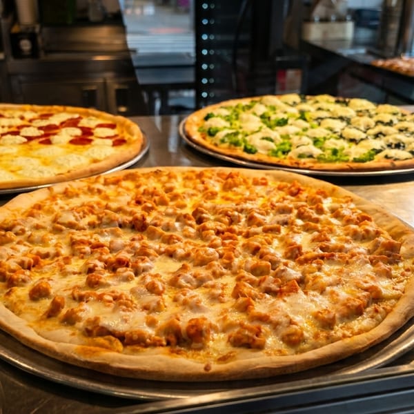 Three large, freshly baked pizzas with different toppings displayed on a metal counter.
