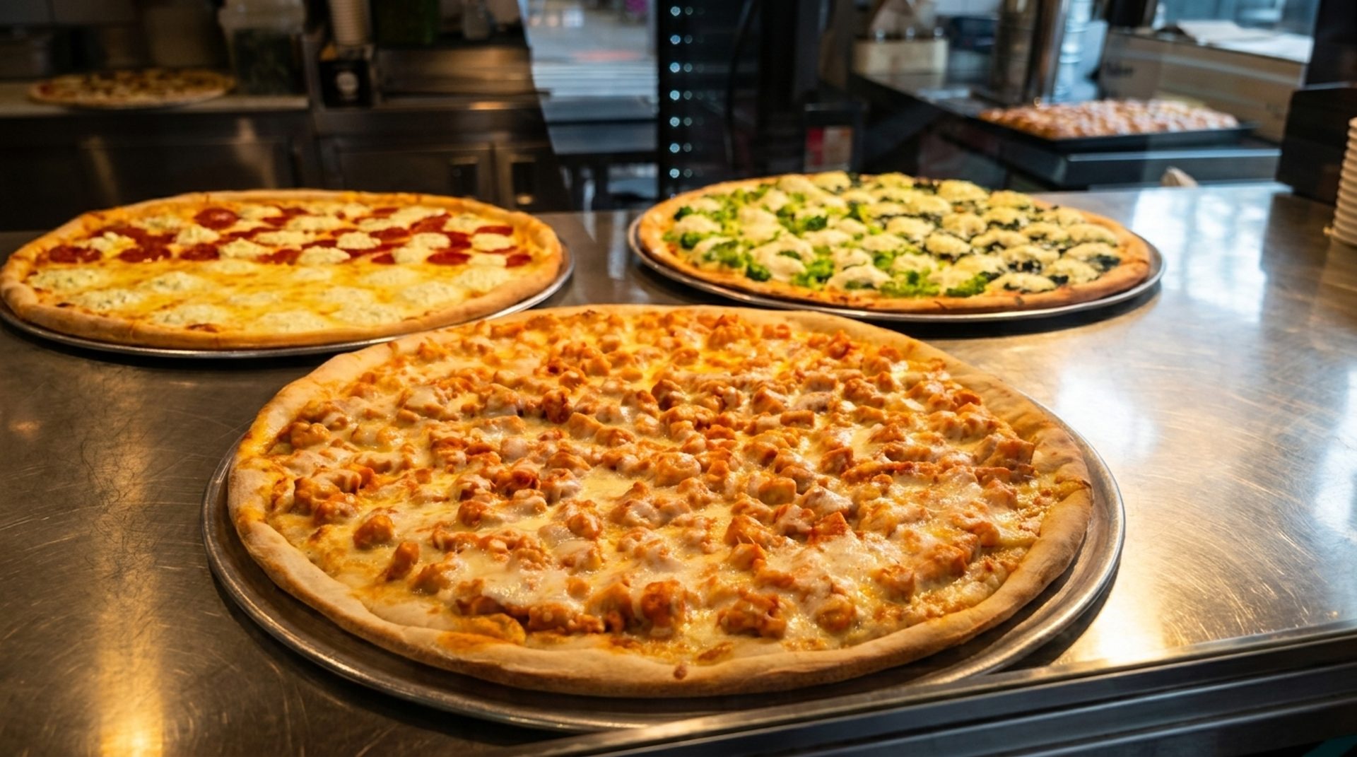 Three pizzas on the counter right now