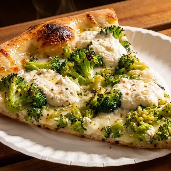 A steaming slice of white pizza with broccoli and ricotta cheese on a paper plate.