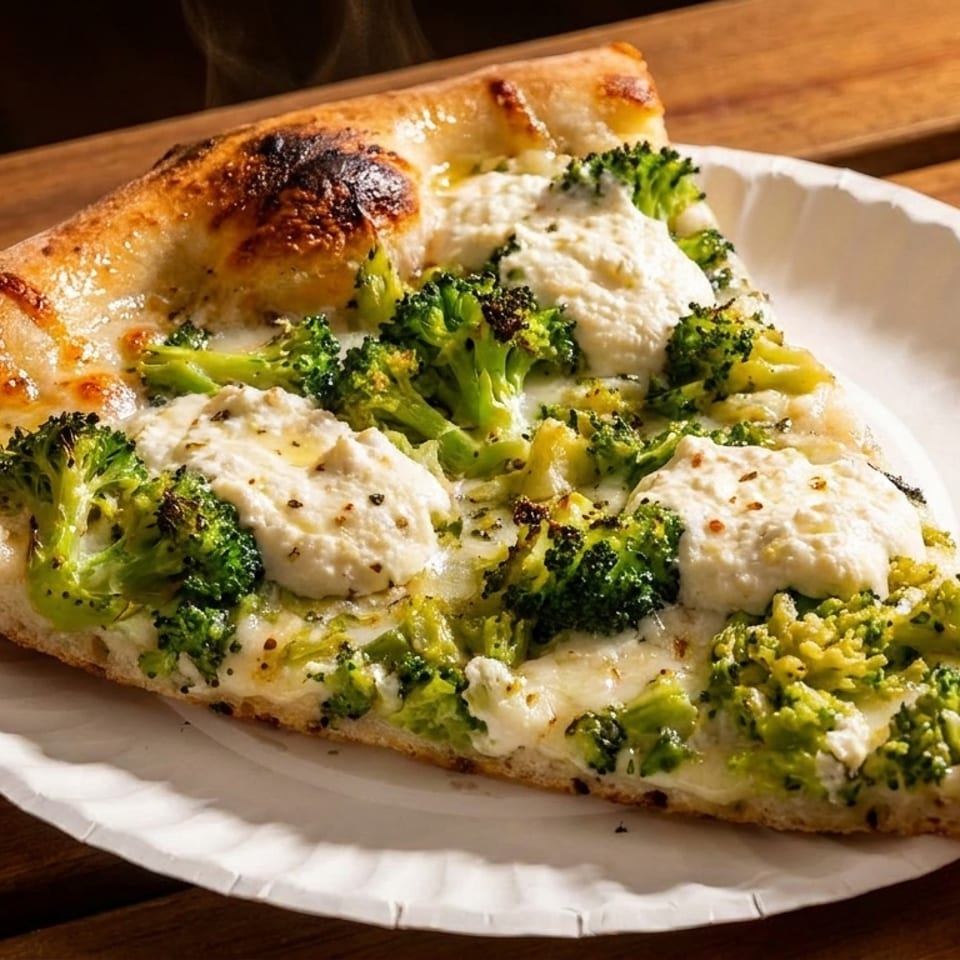 A steaming slice of white pizza with broccoli and ricotta cheese on a paper plate.