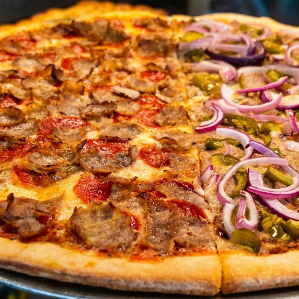A large pizza with half pepperoni and sausage, and half green peppers and red onions.
