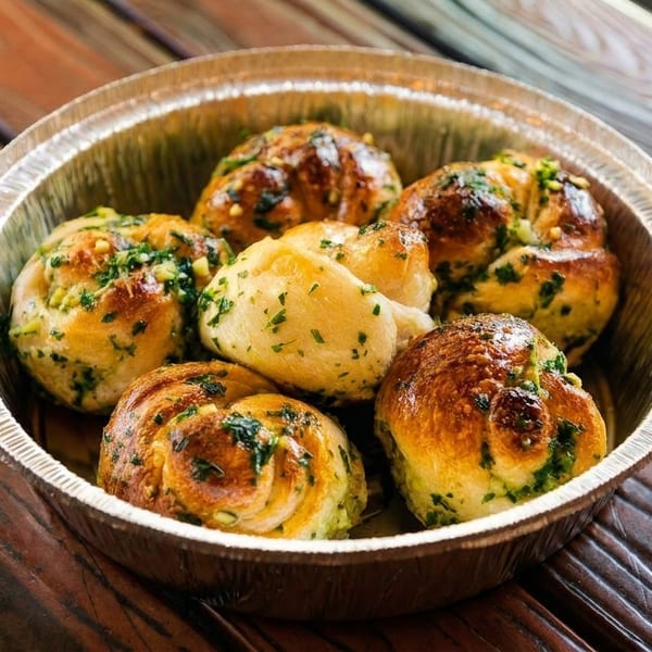 Golden-brown garlic knots with green herbs in a foil container on a wooden table.