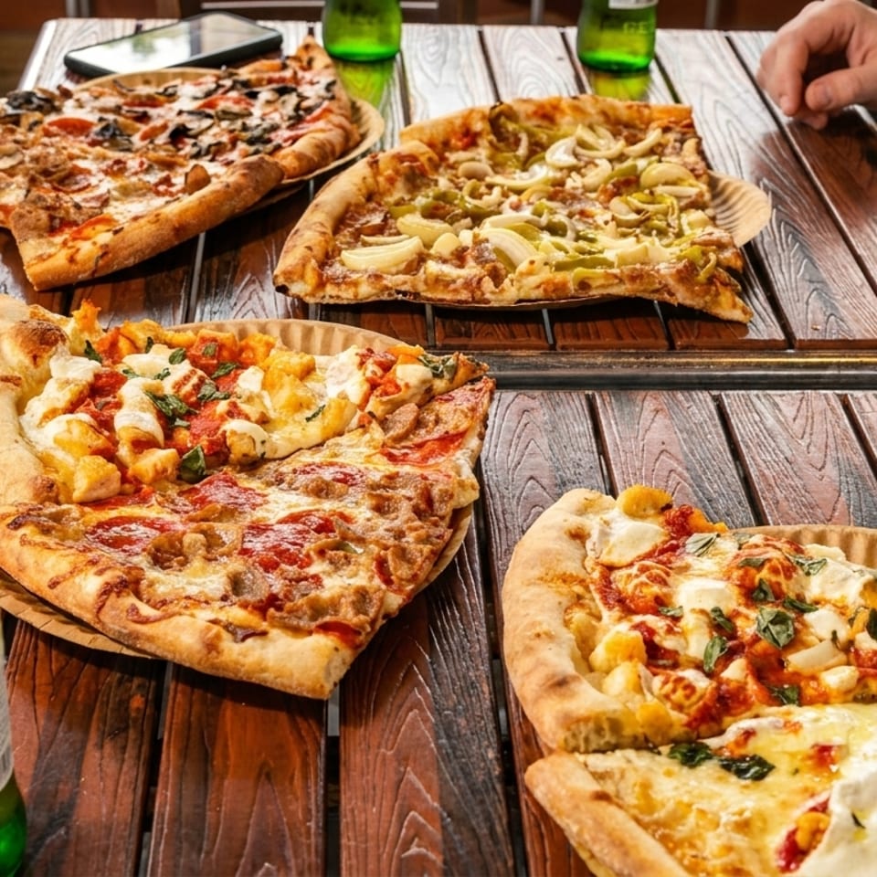 Four different pizzas and green beer bottles on a rustic wooden table with people's arms.
